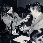 Passenger service representative speaking with the mayor of New Haven, Conn., 1971.