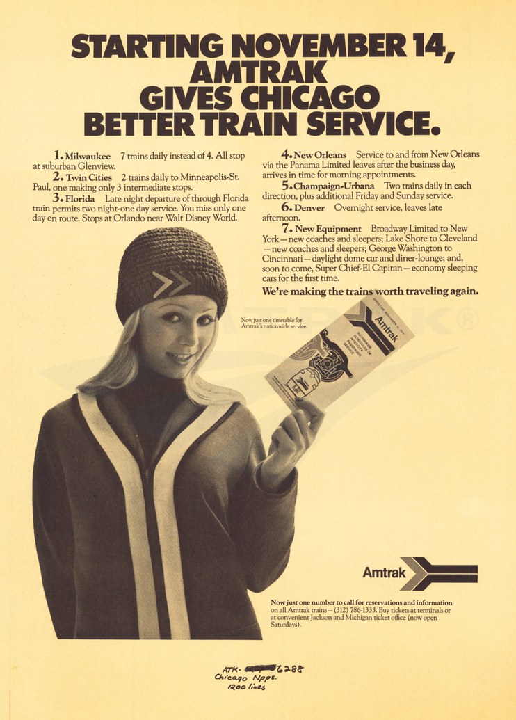 "Amtrak Gives Chicago Better Train Service" advertisment, 1971.