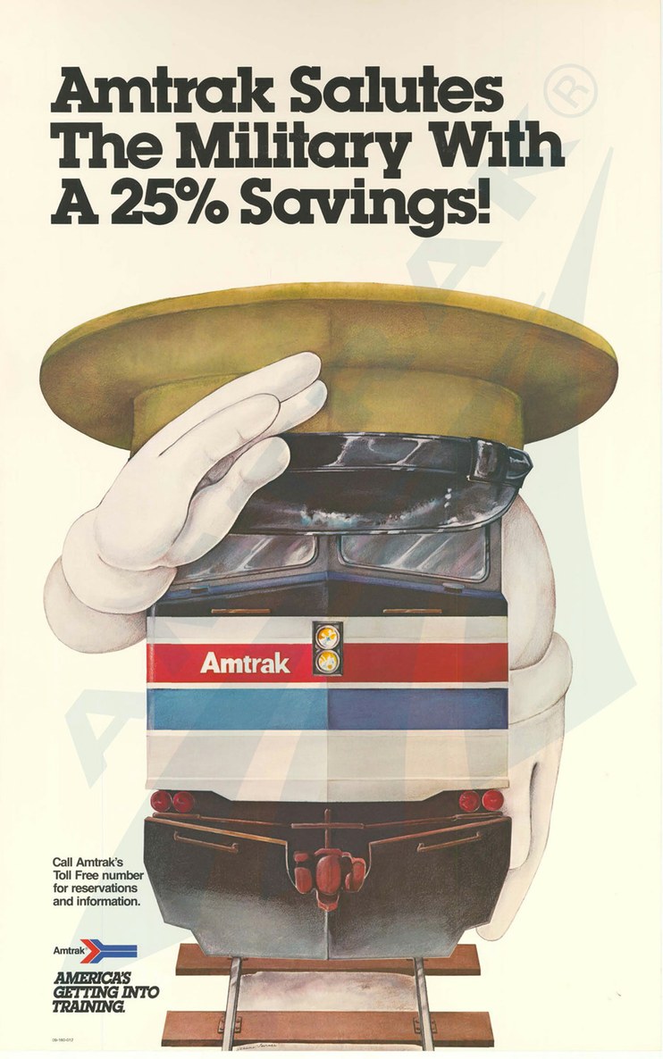"Amtrak Salutes the Military" poster, 1980s.