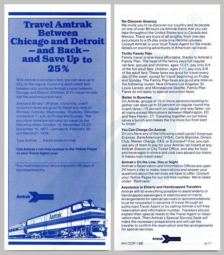 Chicago-Detroit service discount fares flyer, 1977.