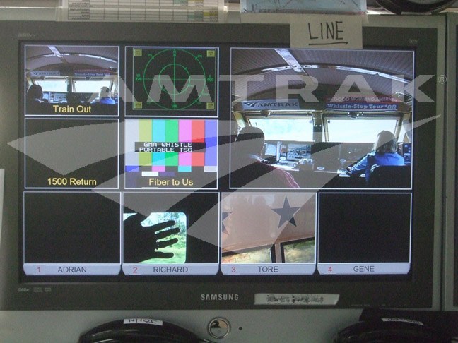 "Good Morning America" Train, video monitors.