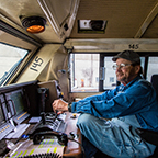 Locomotive engineer operating the eastbound <i>Pennsylvanian</i>, 2016.