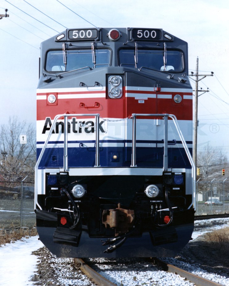 Head-on view of P-32-8 locomotive No. 500, 1990s.
