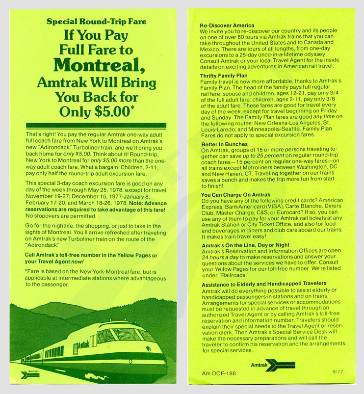 <i>Adirondack</i> discount fares flyer, 1977.
