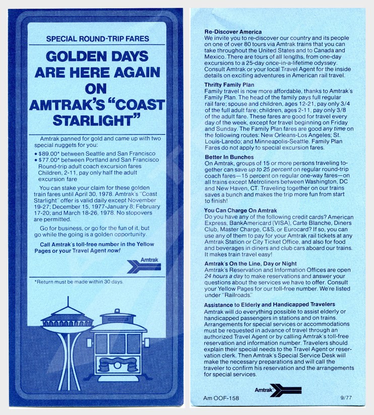 <i>Coast Starlight</i> discount fares flyer, 1977.