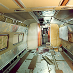 Interior of an Amfleet II food service car under construction, 1980s.