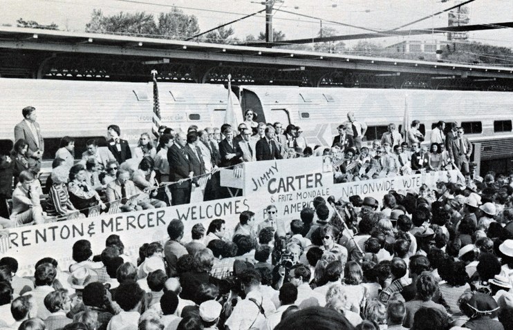 Jimmy Carter aboard Amtrak at Trenton, N.J., 1976.