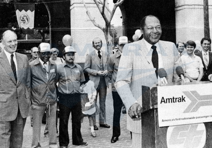 Los Angeles Mayor Tom Bradley kicks off Amtrak Family Days, 1980.