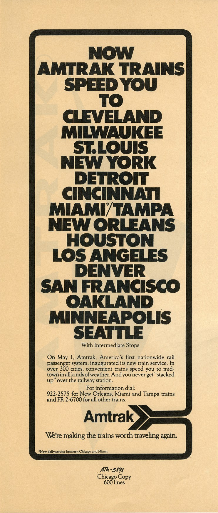 "Now Amtrak Trains Speed You To..." advertisement, 1971.