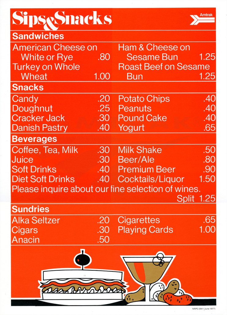 "Sips & Snacks" menu, 1977.