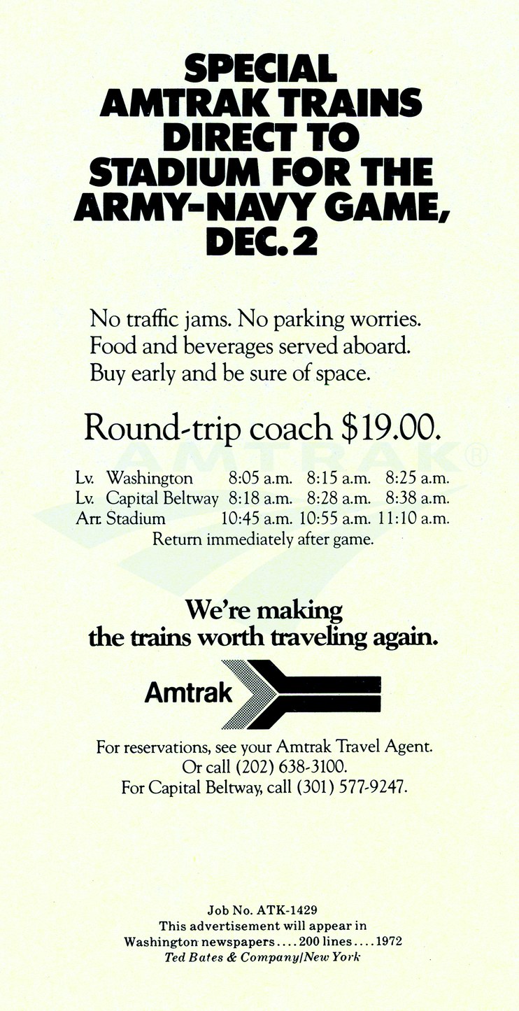 "Special Amtrak Trains...For The Army-Navy Game" (Washington) advertisement, 1972.