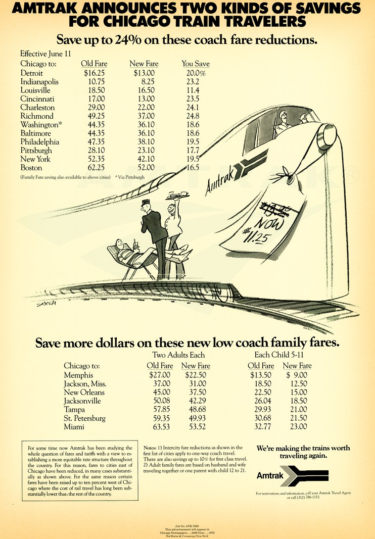 "Two Kinds of Savings For Chicago Train Travelers" advertisement, 1972.