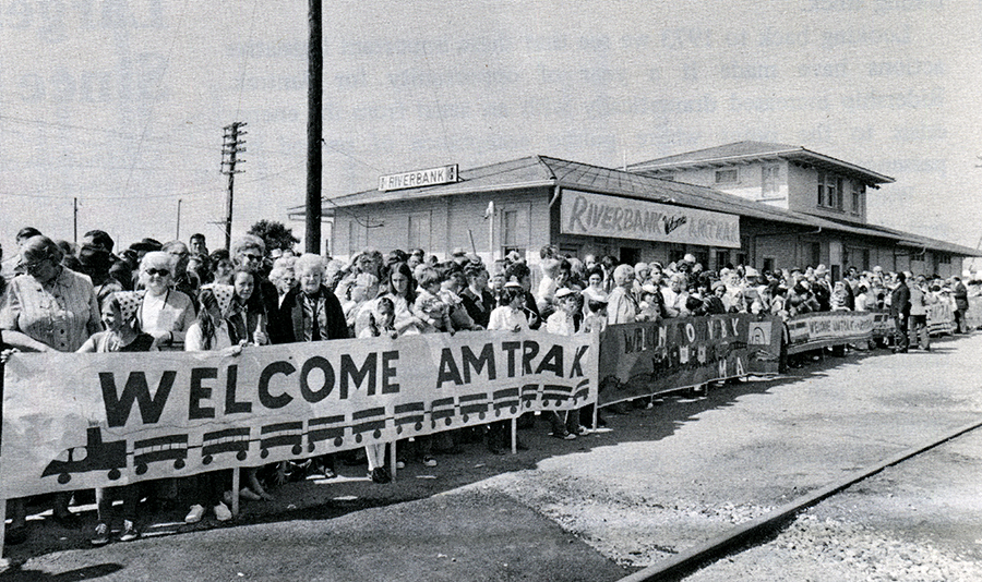 Crowds greet the inaugural San Joaquin in Riverbank, Calif., 1974